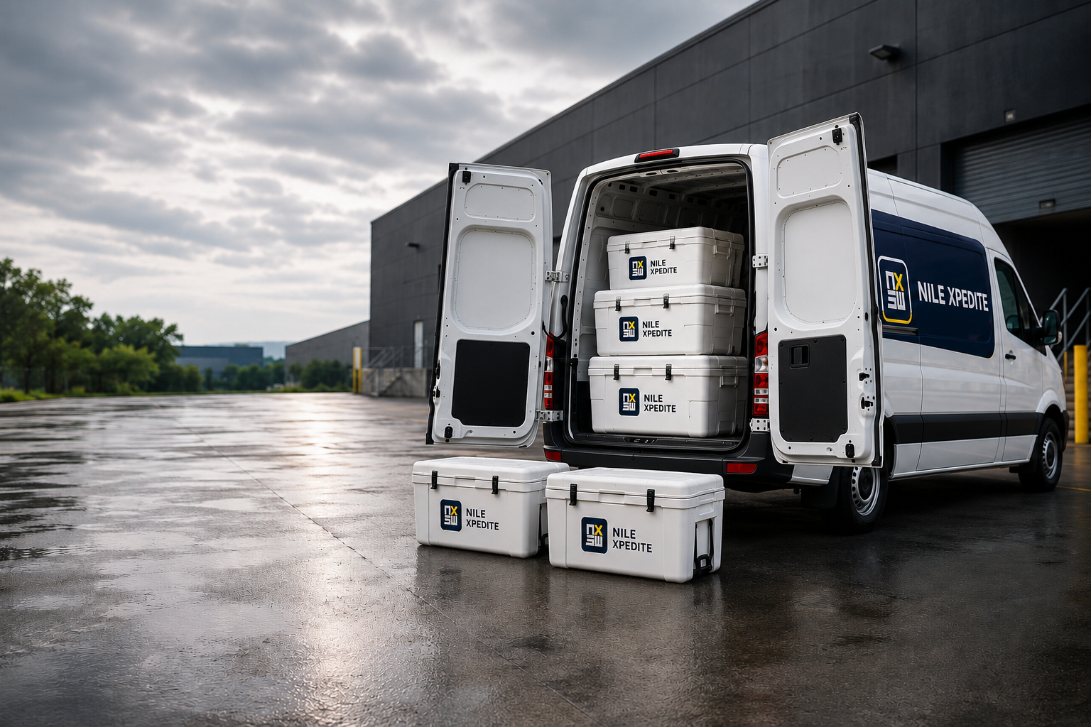 Nile Xpedite branded cargo van with insulated transport coolers