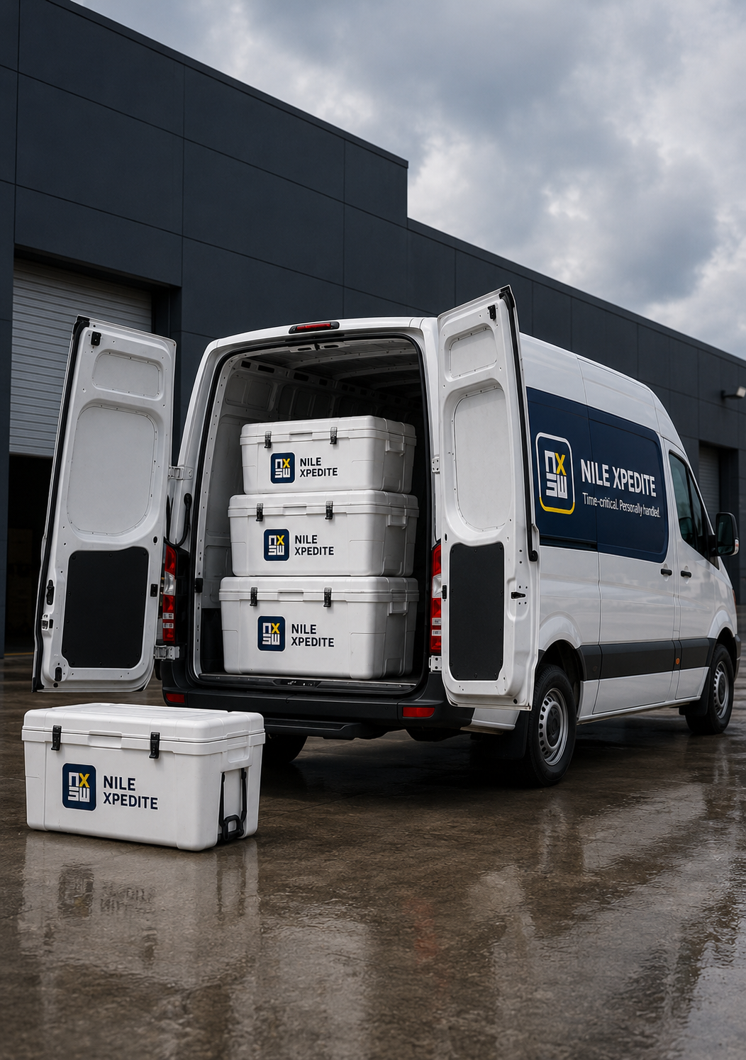 Nile Xpedite branded cargo van with insulated transport coolers